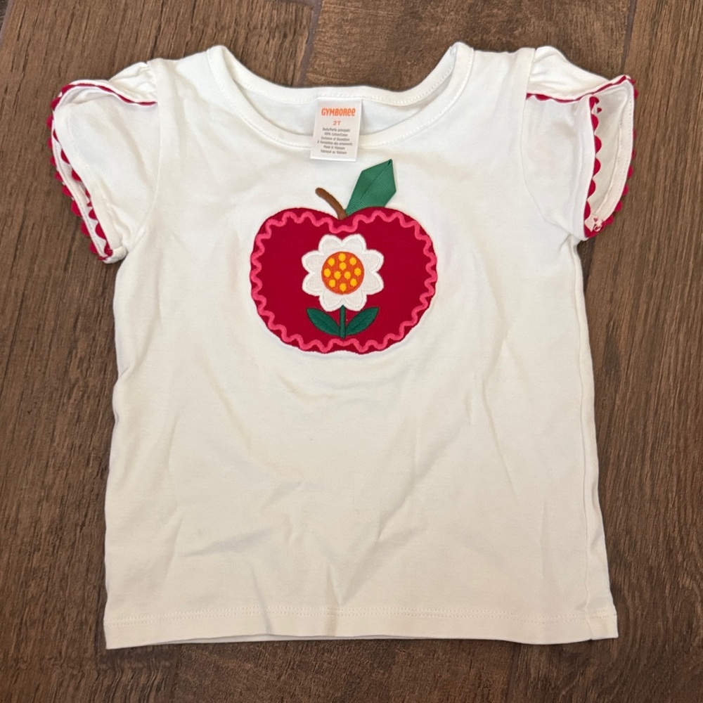 Gymboree White Tee with Red Apple and Flower Design